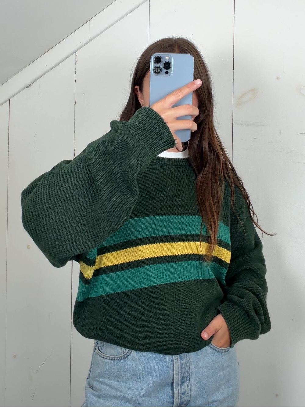 Vintage Eddie Bauer Green Chest Stripe Crewneck Pullover Sweater Men’s Large Y2K